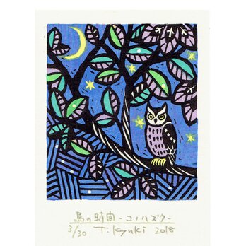 野鳥の木版画「鳥の時間ーコノハズク」額付きの画像