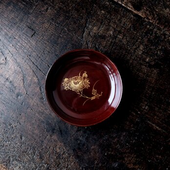 美しい色味◆丁寧な暮らしに。古輪島塗　花文金彩木皿　芍薬　漆　骨董・antiques 大正期の画像